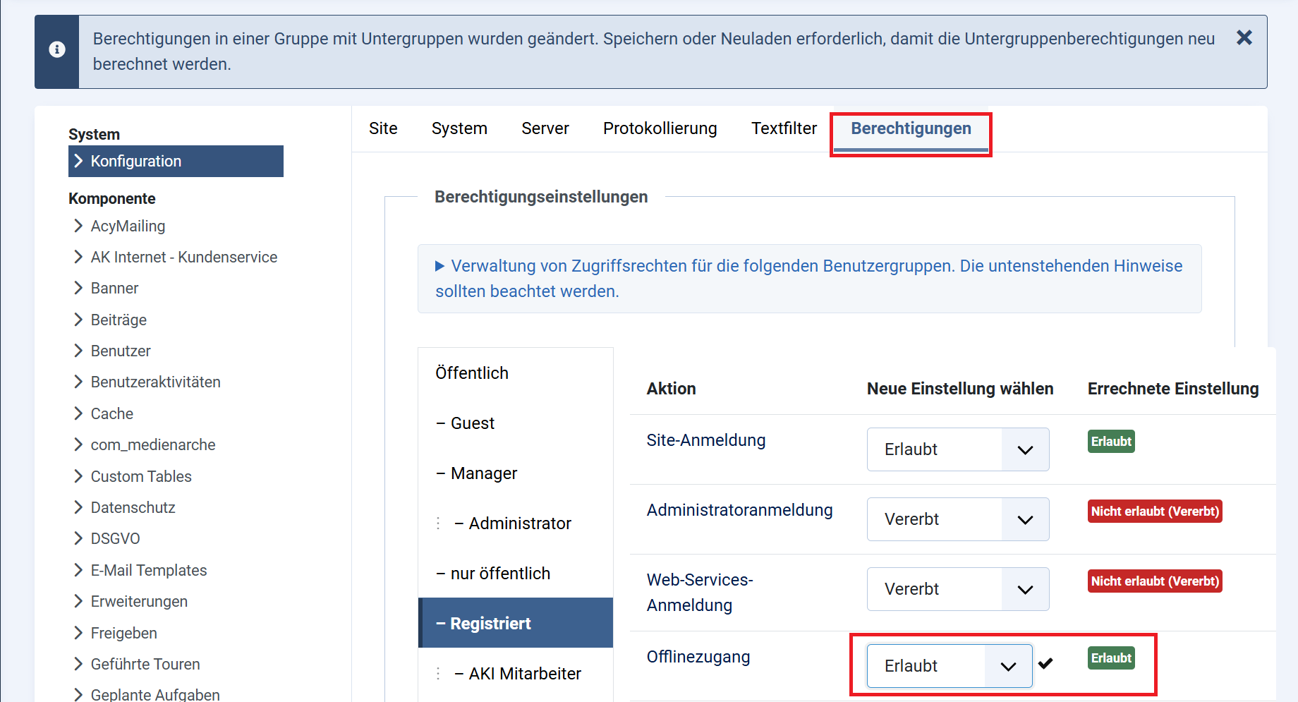 Offlinezugang Registrierte